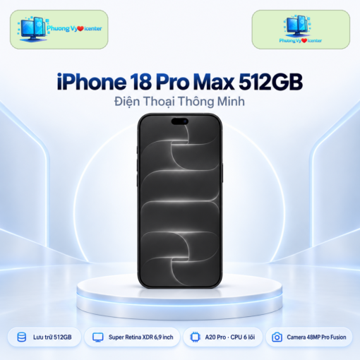 Điện thoại Apple iPhone 18 Pro Max 512GB trên đế tròn với phông nền công nghệ