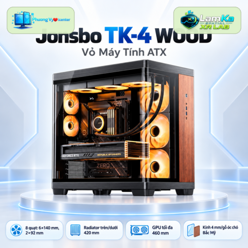 Vỏ máy tính Jonsbo TK-4 Wood với chi tiết kính và gỗ óc chó, đặt trên đế tròn giữa nền công nghệ