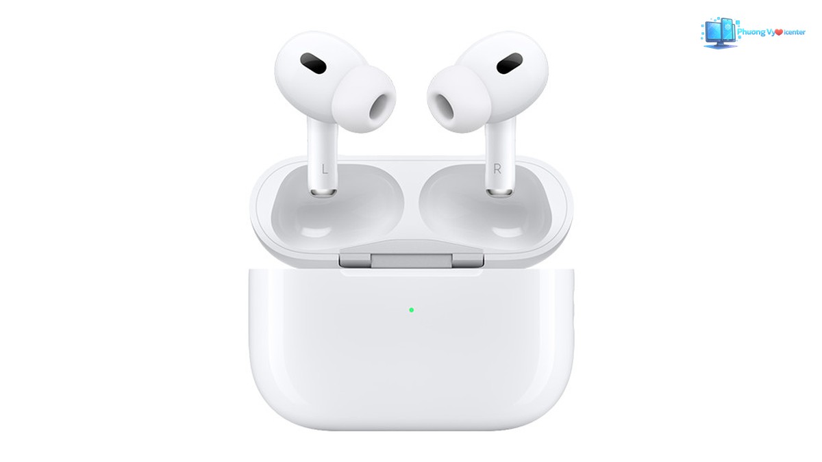 Apple AirPods Pro Gen 2 trong hộp sạc mở nắp, nhìn chính diện với đèn xanh phía trước