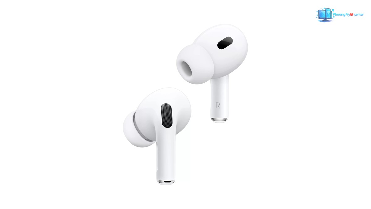 Apple AirPods Pro Gen 2 ở góc nghiêng, thấy nút tai silicon, lưới đen và thân tai nghe