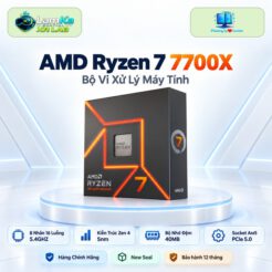 AMD Ryzen 7 7700X đặt trên đế tròn với phông nền công nghệ
