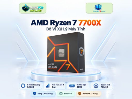 AMD Ryzen 7 7700X đặt trên đế tròn với phông nền công nghệ