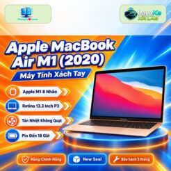 Laptop Apple MacBook Air M1 trên đế tròn với nền công nghệ