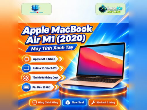 Laptop Apple MacBook Air M1 trên đế tròn với nền công nghệ
