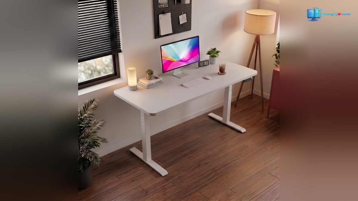 Manson Omni Desk mặt bàn và khung trắng trong không gian làm việc tại nhà