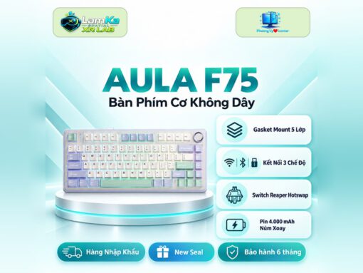 Bàn phím cơ AULA F75 Navy trên đế tròn trong không gian nền công nghệ