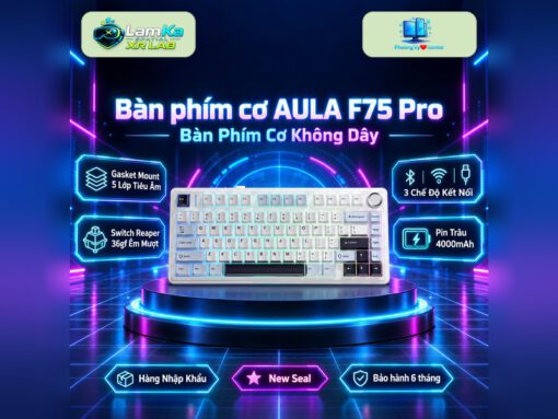 Bàn phím cơ AULA F75 Pro Ice Blue trên đế tròn với nền công nghệ