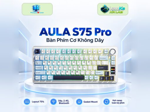 Bàn phím cơ Aula S75 Pro trên đế tròn trong không gian nền công nghệ