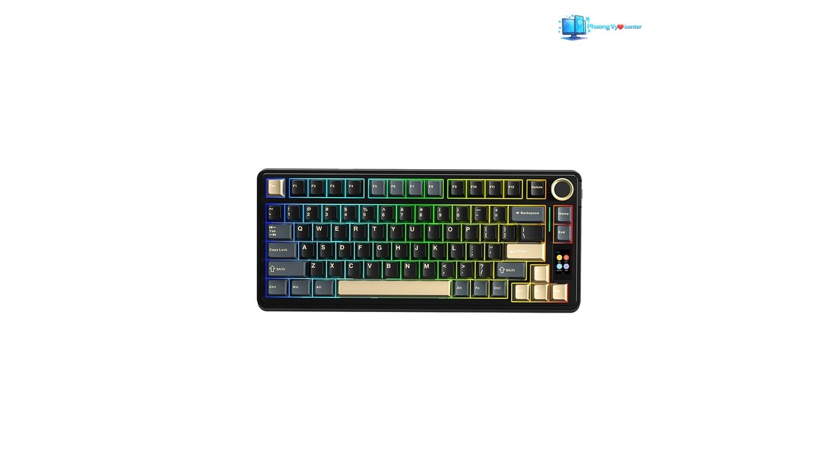 Aula S75 Pro đen phối phím vàng nhạt, đèn nhiều màu và núm xoay góc phải