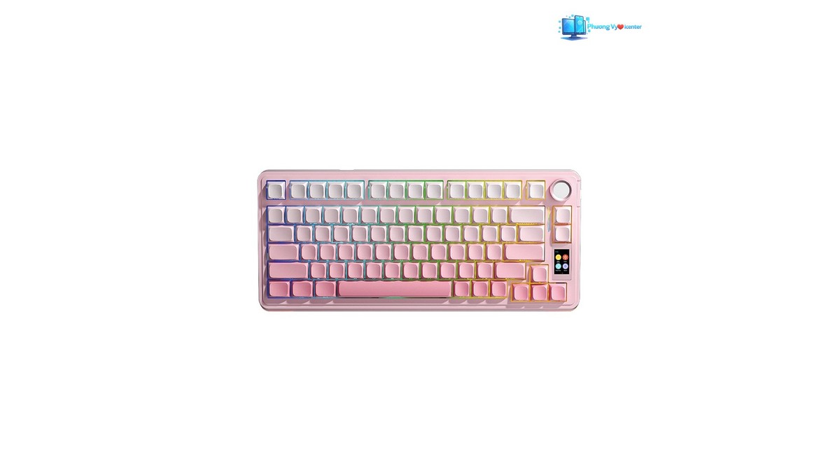 Aula S75 Pro màu hồng nhìn từ trên, có đèn nhiều màu và màn hình nhỏ bên phải