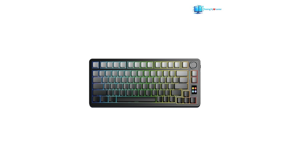 Aula S75 Pro đen với mặt phím xám, viền phím sáng nhiều màu và núm xoay bên phải