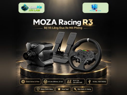 Bộ vô lăng MOZA R3 và bàn đạp SR-P Lite trên đế tròn với nền công nghệ