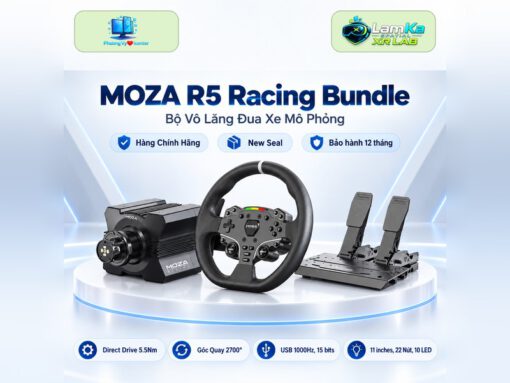 Bộ vô lăng MOZA R5 Bundle trên đế tròn với nền phong cách công nghệ