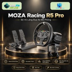 Bộ vô lăng MOZA R5 Pro trên đế tròn với phông nền công nghệ