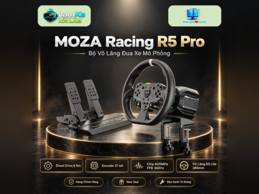 Bộ vô lăng MOZA R5 Pro trên đế tròn với phông nền công nghệ