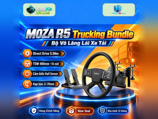 Bộ vô lăng MOZA R5 Trucking Bundle trên đế tròn với phông nền công nghệ