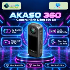 Camera hành động AKASO 360 Standard Edition trên đế tròn, nền công nghệ