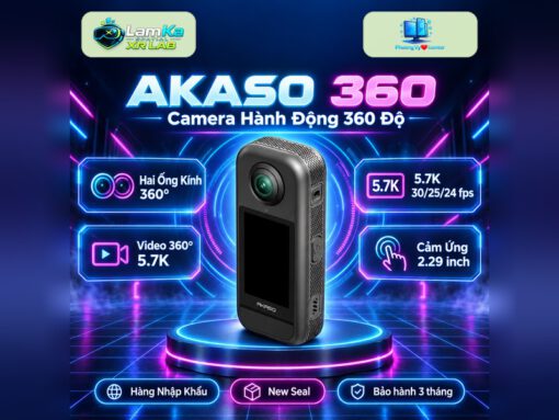 Camera hành động AKASO 360 Standard Edition trên đế tròn, nền công nghệ