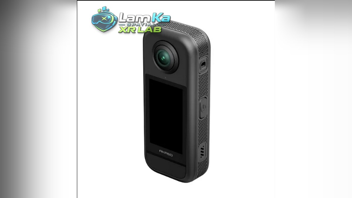 AKASO 360 ở góc nghiêng, thấy ống kính, màn hình đen và các nút bên cạnh
