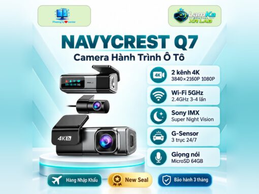 Camera hành trình NAVYCREST Q7 trưng bày trên đế tròn với nền công nghệ