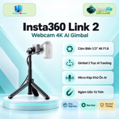 Webcam Insta360 Link 2 màu đen trên đế tròn với nền công nghệ