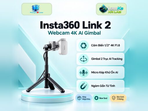Webcam Insta360 Link 2 màu đen trên đế tròn với nền công nghệ