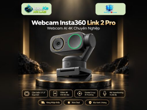 Webcam Insta360 Link 2 Pro trên đế tròn với nền công nghệ