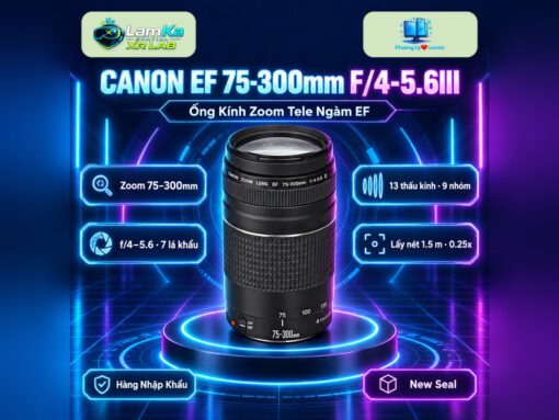 Ống kính Canon EF 75-300mm f/4-5.6 III trên đế tròn với nền công nghệ