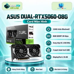 Card màn hình ASUS Dual RTX 5060 OC trên đế tròn với nền công nghệ