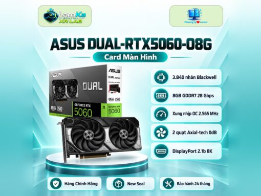 Card màn hình ASUS Dual RTX 5060 OC trên đế tròn với nền công nghệ