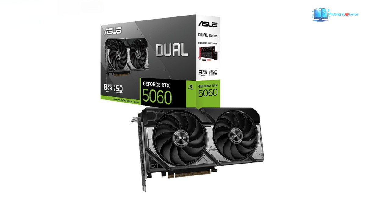 Card ASUS Dual RTX 5060 OC hai quạt đặt phía trước hộp sản phẩm