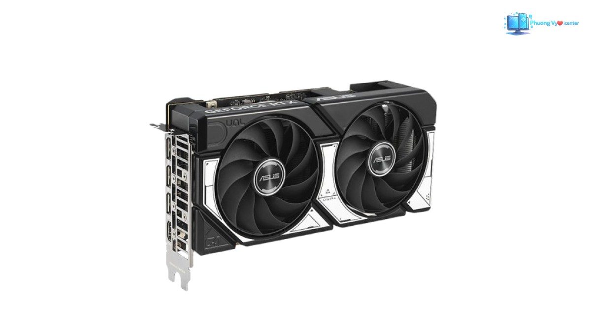 ASUS Dual RTX 5060 OC chụp nghiêng, thấy hai quạt, cạnh trên và mặt gá cổng kết nối