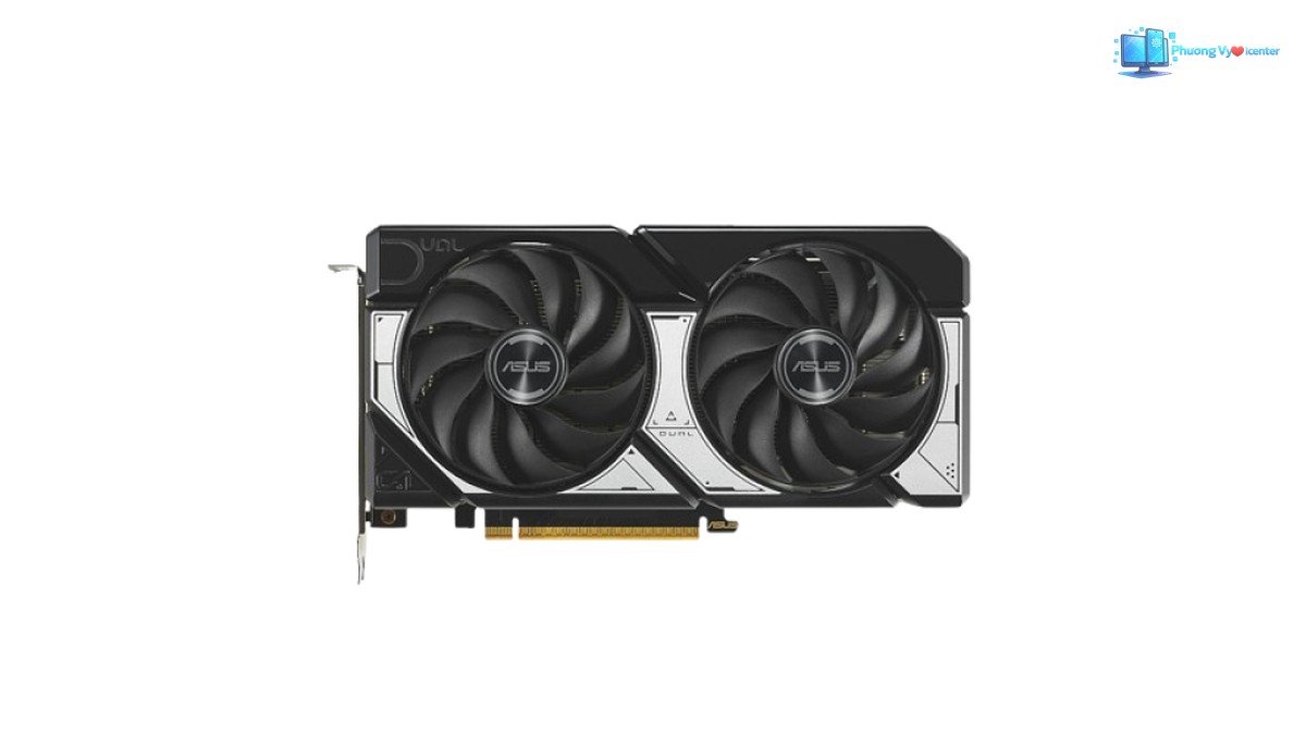 ASUS Dual RTX 5060 OC nhìn thẳng với hai quạt, vỏ đen bạc và chân tiếp xúc phía dưới