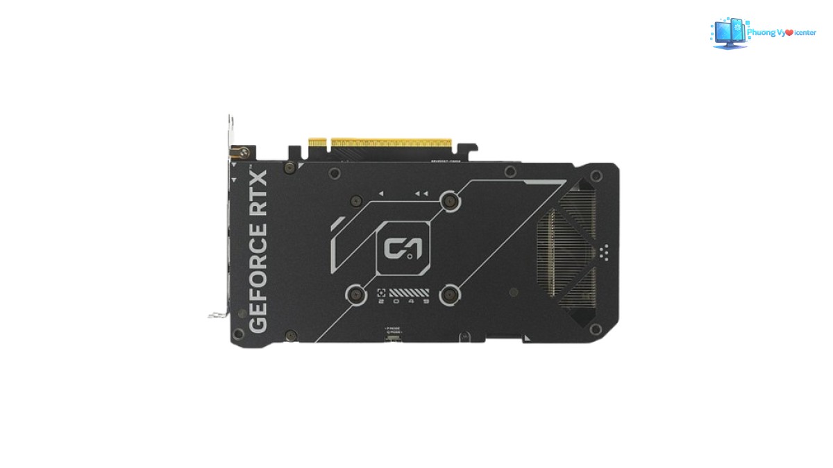 Mặt lưng ASUS Dual RTX 5060 OC màu đen, có chữ GEFORCE RTX và khe thoáng bên phải