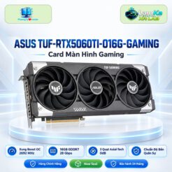 Card màn hình ASUS TUF Gaming RTX 5060 Ti 16GB trên đế tròn, nền công nghệ