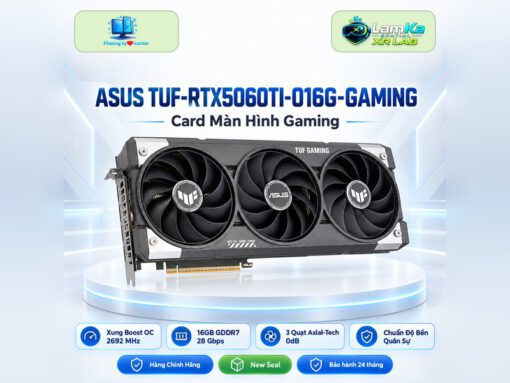 Card màn hình ASUS TUF Gaming RTX 5060 Ti 16GB trên đế tròn, nền công nghệ