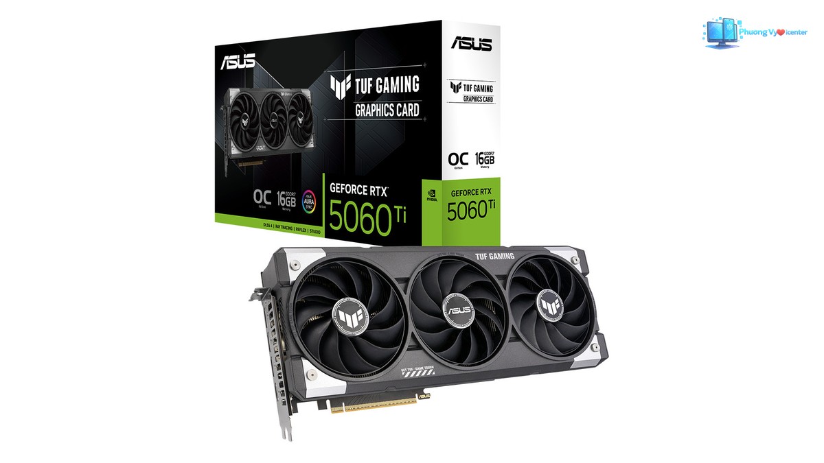 Card ASUS TUF RTX 5060 Ti ba quạt đặt phía trước hộp sản phẩm ASUS TUF Gaming