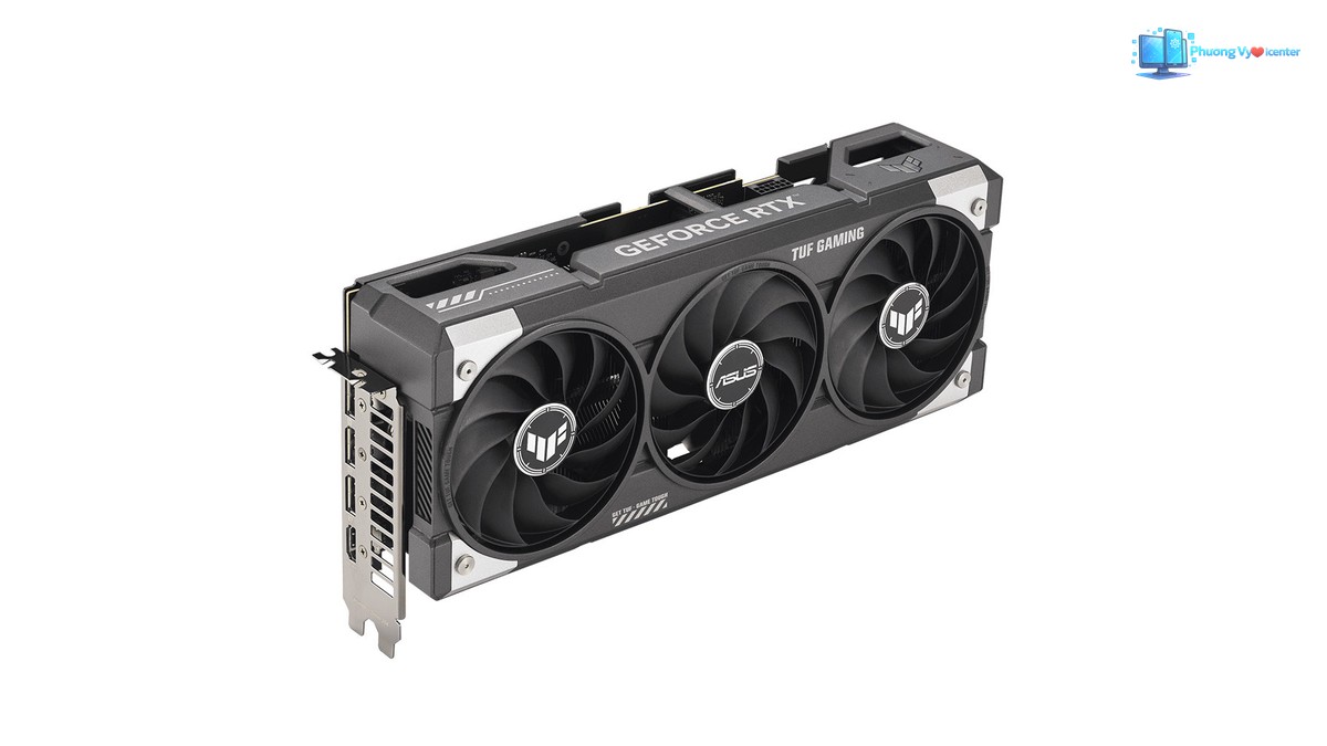 ASUS TUF RTX 5060 Ti nhìn nghiêng, thấy cạnh GeForce RTX và các cổng xuất hình
