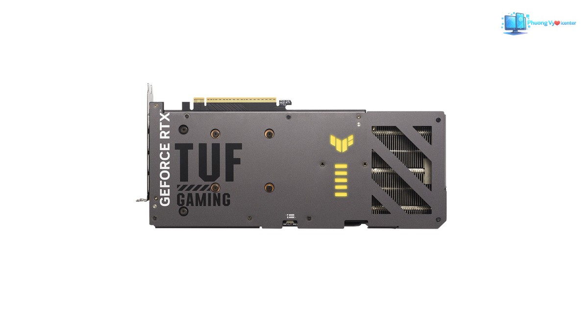 Mặt lưng ASUS TUF RTX 5060 Ti với chữ TUF Gaming, logo vàng và khe hở lộ lá tản nhiệt