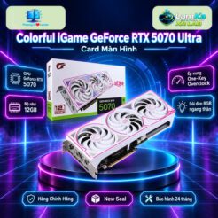 Card màn hình Colorful iGame RTX 5070 Ultra White trên đế tròn, nền công nghệ