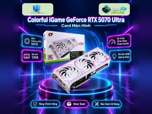 Card màn hình Colorful iGame RTX 5070 Ultra White trên đế tròn, nền công nghệ