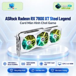Card màn hình ASRock RX 7800 XT Steel Legend trên đế tròn, nền công nghệ