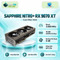 Card màn hình SAPPHIRE NITRO+ RX 9070 XT trên đế tròn với nền công nghệ