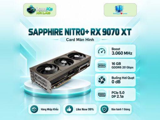 Card màn hình SAPPHIRE NITRO+ RX 9070 XT trên đế tròn với nền công nghệ