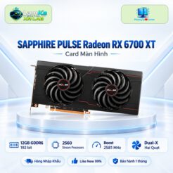 Card màn hình SAPPHIRE PULSE Radeon RX 6700 XT trên đế tròn với nền công nghệ