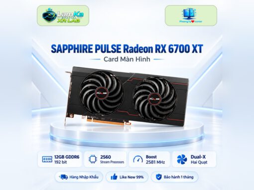 Card màn hình SAPPHIRE PULSE Radeon RX 6700 XT trên đế tròn với nền công nghệ