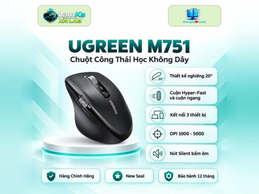Chuột công thái học UGREEN M751 màu đen trên đế tròn, nền công nghệ