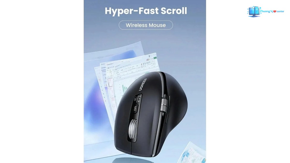 UGREEN M751 chụp nghiêng trên nền đồ họa, phía trên có chữ Hyper-Fast Scroll