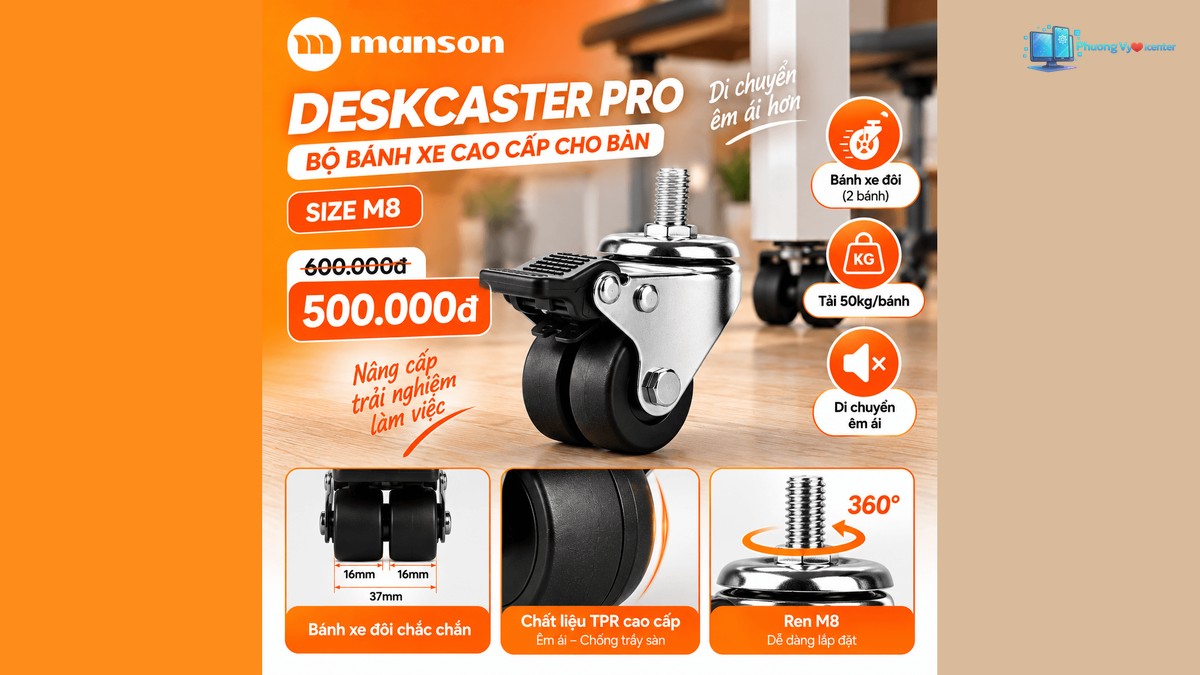 Bộ bánh xe Manson DeskCasters Pro dành cho bàn nâng hạ