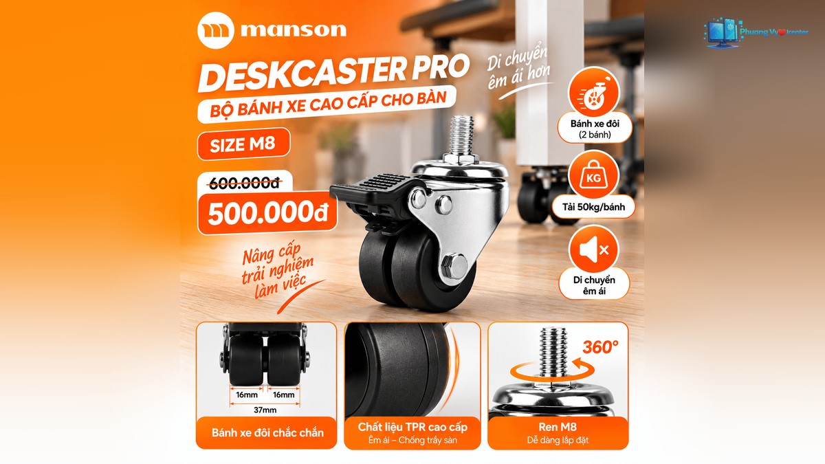 Bộ bánh xe Manson DeskCasters Pro dành cho bàn nâng hạ